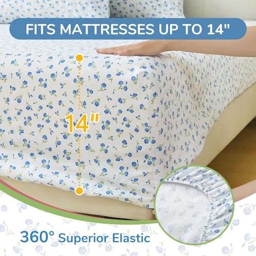 Image of MUXHOMO Queen Size 4 Piece Sheet Set, Soft Breathable Bed Sheet Set for Bedroom with Deep Pocket Up to 16 inch, Wrinkle-Free & Cooling Bedding for Oeko-TEX Certified - Floral Blue