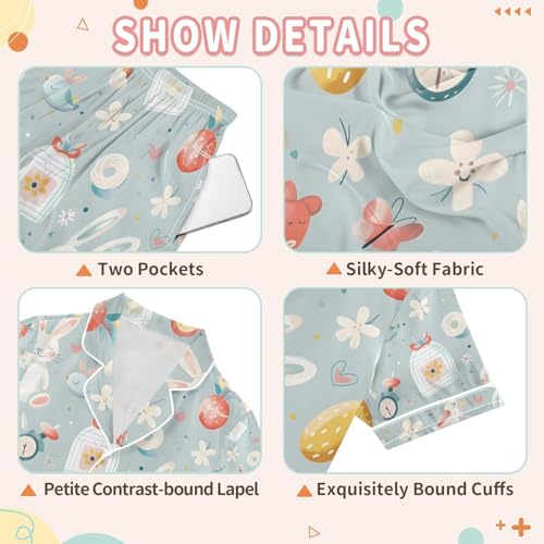 senya Rabbit and Rainbow Satin Summer Pajama Sets Silk Short Sleeve Button Down Sleepwear3