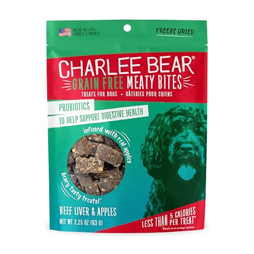 Charlee Bear Grain Free Meaty Bites Freeze Dried Dog Treats, Beef Liver and Apples, 2.25 Ounce Resealable Bag, Training Treats or Meal Topper, High Protein Dog Snacks, Made in USA