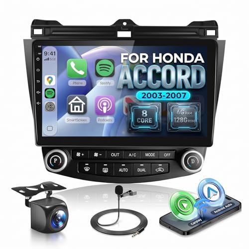 Image of 8 CORE 6G+128G Car Radio Stereo for Honda Accord 2003-2007 with Wireless CarPlay /Android Auto, 10.1 Inch 1280 * 720P IPS Touch Screen Android 13 GPS WiFi 32-Band DSP Bluetooth AHD Rear Camera