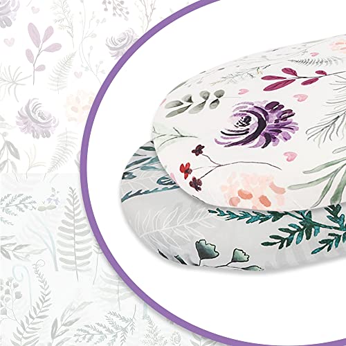 Bassinet Sheet, 2 Pack Bassinet Sheets For Baby Girl Boy, Jersey Knit Cotton Bassinet Fitted Sheets For Oval Rectangle Hourglass Mattress, Universal Bassinet Mattress Sheets, Purple Flower Green Leaf #TOP5
