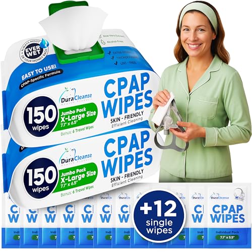 CPAP Mask Wipes - 300 Count Jumbo Pack + 12 Travel Sheets - Dura Cleanse Extra Large Extra Moist Cleaning Wipes for Full Face Nasal Masks Unscented Cleaner for CPAP Machine Supplies and Accessories