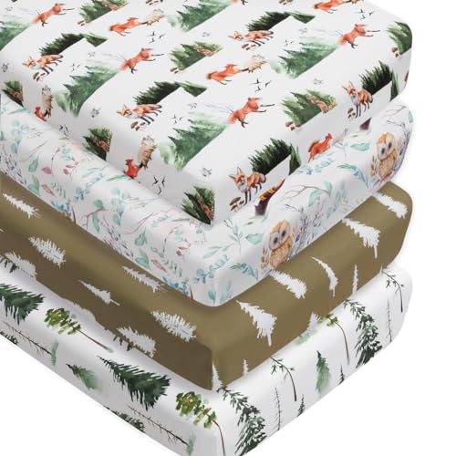 Image of 4 Pack Woodland Forest Animals Wood Neutral Unisex Fitted Baby Crib Sheets Set for Baby Boys or Girls (Paint Fox, 52 * 28)