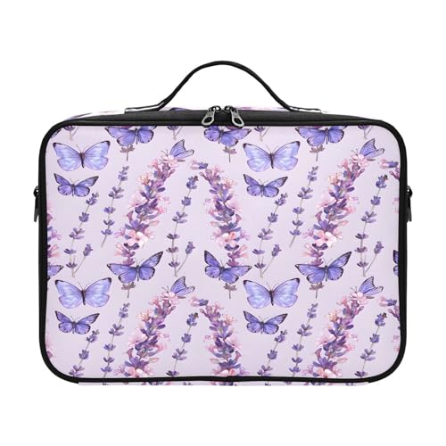 zyrtty Travel Makeup Train Case Purple Butterfly Lavender Pattern Cosmetic Organizer Portable Storage Bag with Adjustable Dividers for Cosmetics Brushes Toiletry Jewelry Digital Accessories