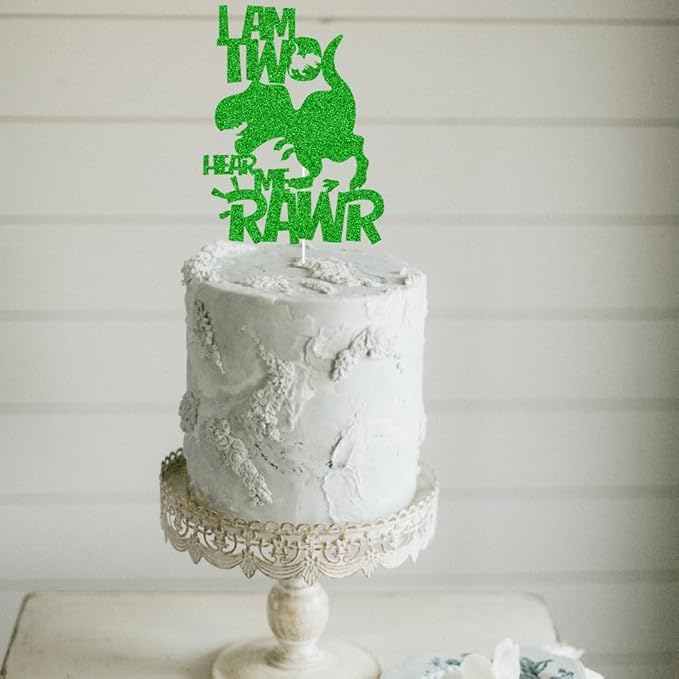 Image of I'm Two Hear Me Rawr Cake Topper | Green Glitter Cake Topper for Second Birthday | Animal Theme Happy Birthday Cake Decorations | Birthday Party Decorations | Kids Party