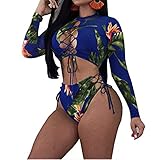 leveltech Women Floral Long Sleeve Tie Side 2-Pieces Swimsuit, Navy Blue, Medium