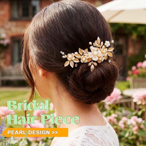 Pinza para cabello con flores y perlas dorada miniatura 3