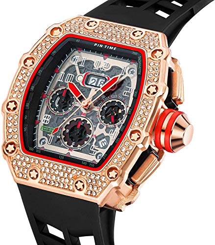 Gosasa Mens Diamond Watches Luxury Tonneau Watches for Men Analog Watch Chronograph Calendar Date Men’s Dress Business Work Watch Large Rectangle Face Wristwatch with Silicon Strap4