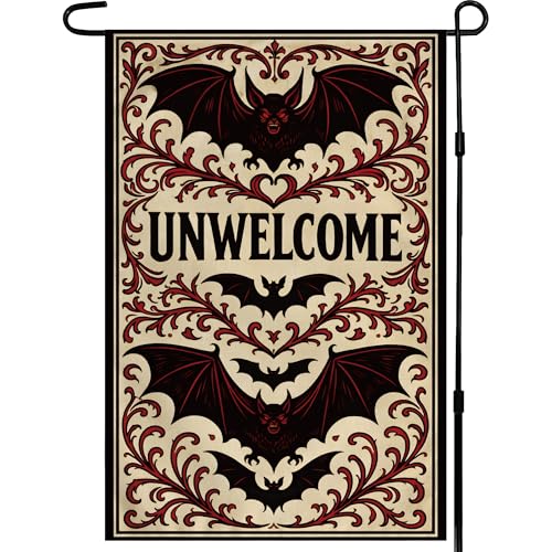 Halloween Decorations Outdoor - Unwelcome Gothic Bat Halloween Garden Flag | Halloween Decor Party Favors Supplies Double Sided Backdrop Banner for Outside Garden Yard Porch Patio Lawn