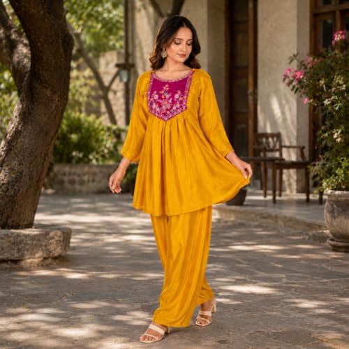 Image of Embroidered Sharara Set for Women | Roman Silk Short Kurta with Flared Sharara Pants | Designer Festive Ethnic Wear Suit Set for Weddings, Sangeet & Celebrations