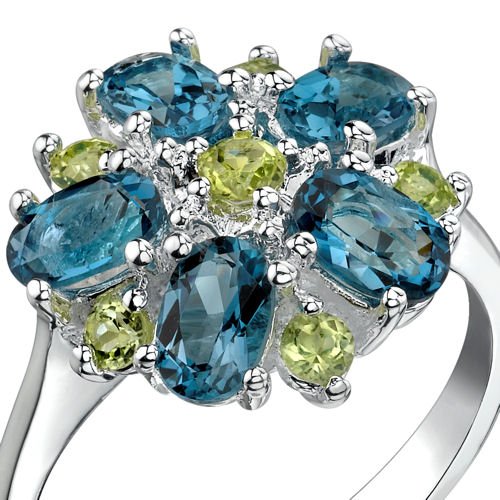 PEORA London Blue Topaz and Peridot Flower Ring for Women 925 Sterling Silver, Natural Gemstones, 3.25 Carats total, Size 5, Women Statement Ring, August Birthstone Rings for Women3