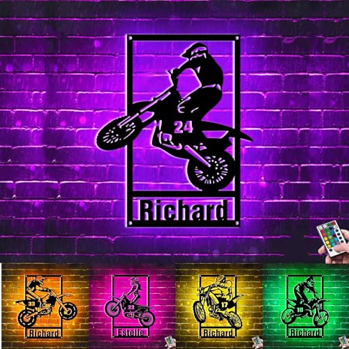 Personalizzato Motocross Rider Nome Numero Targa da parete in metallo Luci al neon Decorazione da parete per motocicletta Targa di avventura di motocross Targa con nome bici da cross per ragazzo