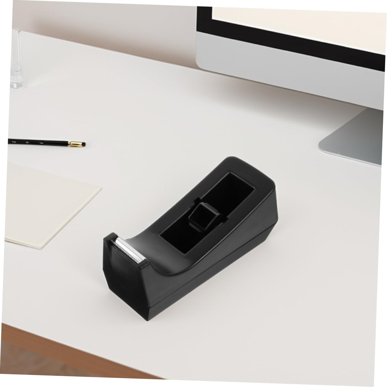 Distributore di Nastro Adesivo da Scrivania Piccolo Nero | Abs e Acciaio Inox, Design Compatto Estetico, Uso Multiuso per Ufficio e Casa