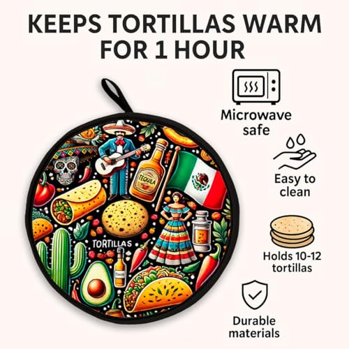 COOQUI Tortilla Warmer (Black, 12 Inch) – Microwave-Safe Tortillero Pouch for Corn & Flour Tortillas, Insulated Warmer Keeps Tortillas Warm & Soft for Tacos, Burritos & More
