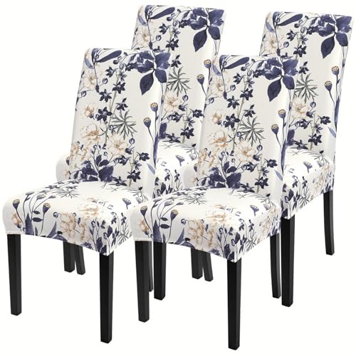 Image of SearchI Printed Dining Room Chair Covers Set of 4, Stretch Kitchen Chair Covers Washable Parsons Chair Slipcover Removable Dining Chair Protectors for Hotel,Ceremony(Blue Flowers)