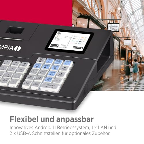 Olympia K100 cash register | cash register for retail | LED customer display | 58 mm thermal printer | Android 11 operating system | hub keyboard 39 keys | graphic receipt logo | incl. cash drawer