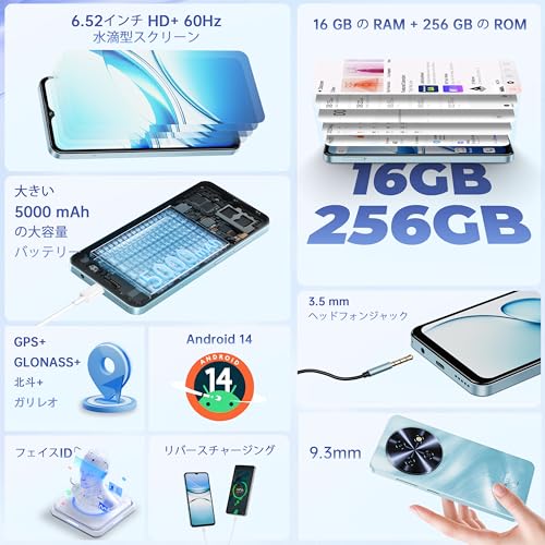undefined OUKITEL C5 SIMフリー スマホ 本体 16GB RAM+256GB ROM 1TB拡張可能 6.52 インチ HD+大画面 スマホ 本体 5000mAh大容量バッテリー 13MP+5MPカメラ スマートフォン 4GデュアルSIM docomo/au/SoftBank/Rakutenモバイル対応 AI対応/BT5.0/GPS/OTG/200+言語対応/顔認証/技術適合認証 ブルー の商品画像 1