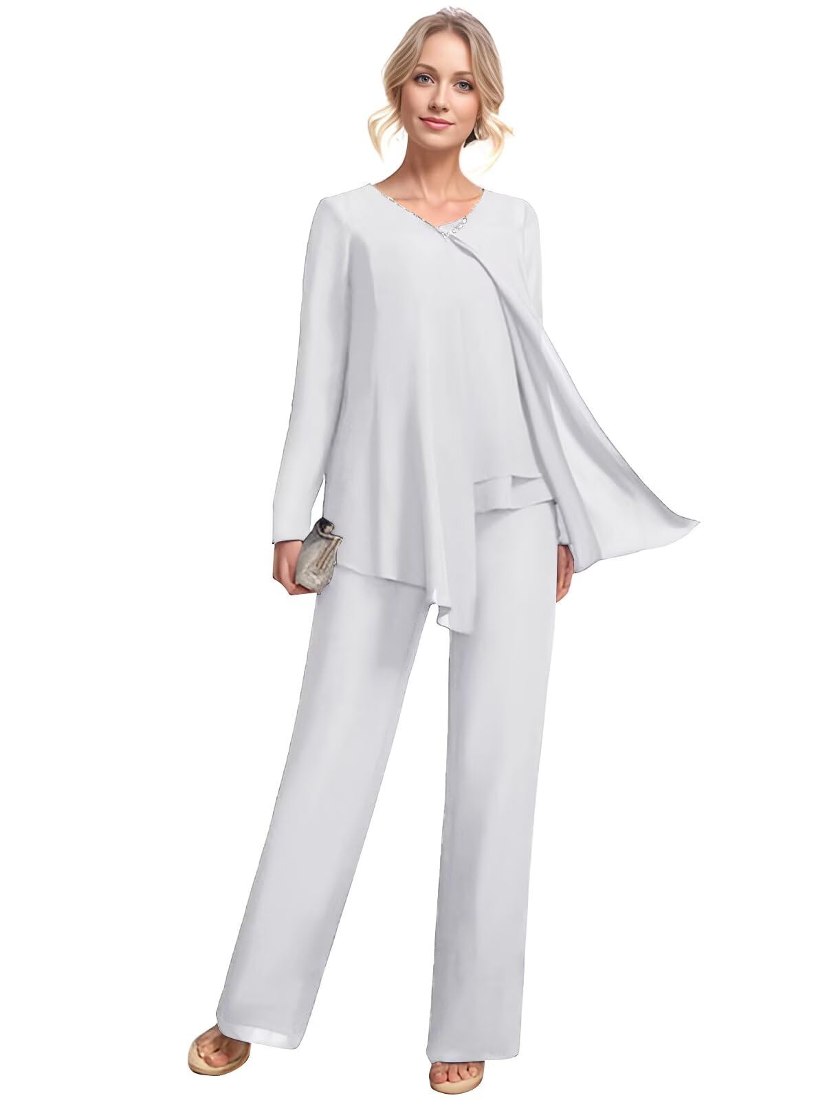 3 Pieces Mother of The Bride Pant Suits with Jacket Long Sleeves Beaded Chiffon Outfit Formal Evening Gowns