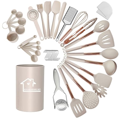 UXIYI Ensemble d'ustensiles de cuisine, ustensiles de cuisine en silicone, ensemble de spatules en silicone avec manche en acier inoxydable Rose Gold, Küchengeräte, Khaki + rose gold,40PCS