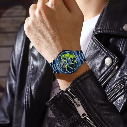Image of FANMIS Men's Racing Car Wheel Watch 3D Spinning Dial Stainless Steel Watch | Creative 3D Spinning Car Quartz Large Skeleton Face and 30M Water Resistance Designed for Car Fans and Daily Wear.