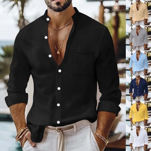 Cambkatl Cotton Linen Shirts for Men 2025 Fall Loose Long Sleeve Button Down Business Casual Banded Collar Shirt2