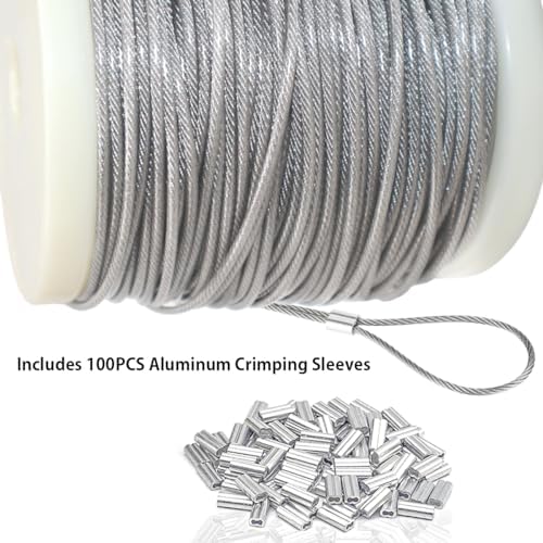 Cable de Acero Inoxidable 304, Cuerda de Alambre Estructura 7×7, 100 m, Incluye 100 Manguitos de Aluminio, Adecuado para Suspender Guirnaldas de Luces Exteriores y Uso en Jardines.
