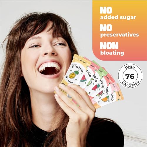 Image of Cureveda Pea Protein Isolate Powder with Herbs, Dairy Free, No Added Sugar, Orange, Pineapple, Watermelon, Guava, Green Apple, Strawberry, 6 Flavours x 3 Sachets, 23gm each, Pack Of 18