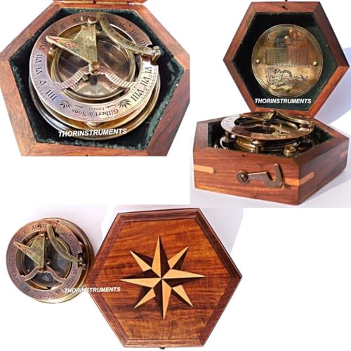 Brújula solar de latón macizo con caja de madera miniatura 1