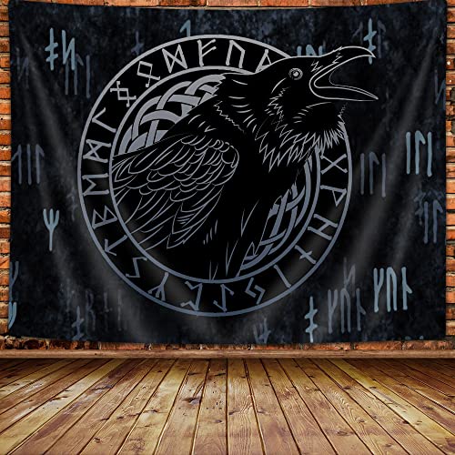 Wathon Viking Crow Tapestry Ravens In Norse Mythology Wall Hanging Ancient Runes Symbols Meditation Psychedelic Art Tapestries Indian Boho Hippie Mandala Posters Room Decor Home Decoration 60X40In #TOP2