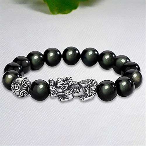 Obsidiana Pixiu Pulsera Suerte Naturales Semipreciosas Con Plata Pura S925 Pixiu/Piyao Amuleto Ornamento Prosperidad Pulsera Atraer Ricos Mejor Regalo De La Joyería Para Los Hombres/Mujeres,8mm Cover