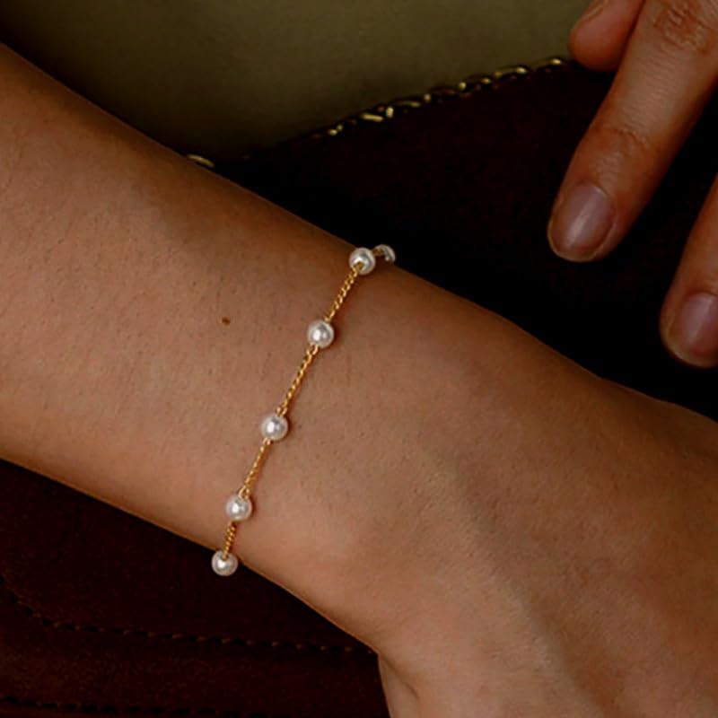 Gold Jewelry Set for Women - Dainty 14K Gold Plated Pearl Necklace and Earring Set with Drop Earrings, Bracelets, Choker Necklace - Wedding Jewelry Gift - Image 5