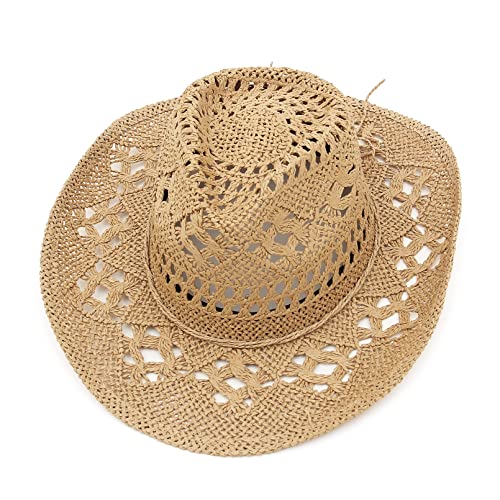 Gemvie Men & Women's Summer Cowboy Cowgirl Straw Hat Hollow Out Style Roll Up Brim Cowboy Sun Hat Coffee #TOP2