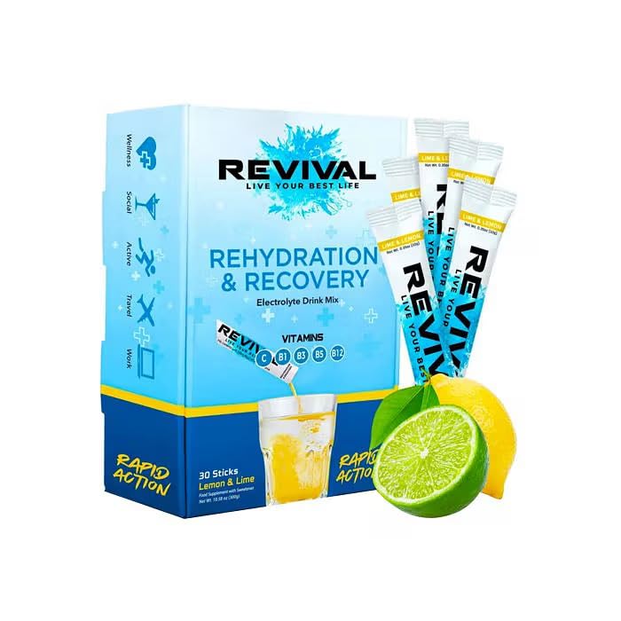 Revival Shots Rapid Rehydration Electrolytes Powder - High Strength Vitamin C, B1, B3, B5, B12 Supplement Sachet Drink, Effervescent Electrolyte Hydration Tablets - 30 Pack Lemon Lime