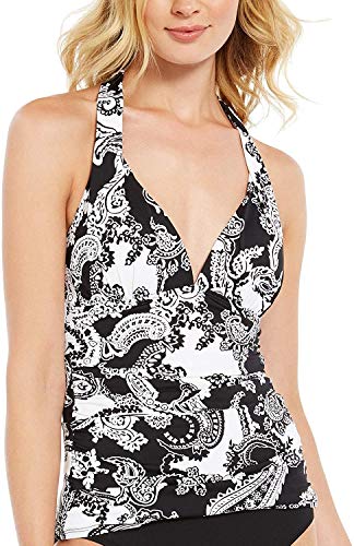 LAUREN RALPH LAUREN Top de tanquíni feminino estampado Paisley com controle de barriga, Preto/branco