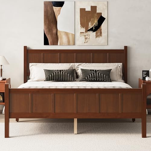 Image of Queen Size Vintage Bed Frame with Headboard, Farmhouse Wooden Platform Bed with Under-Bed Storage, Minimalist Modern Wood Grain Finish Bedframe for Bedroom (Dark Walnut)