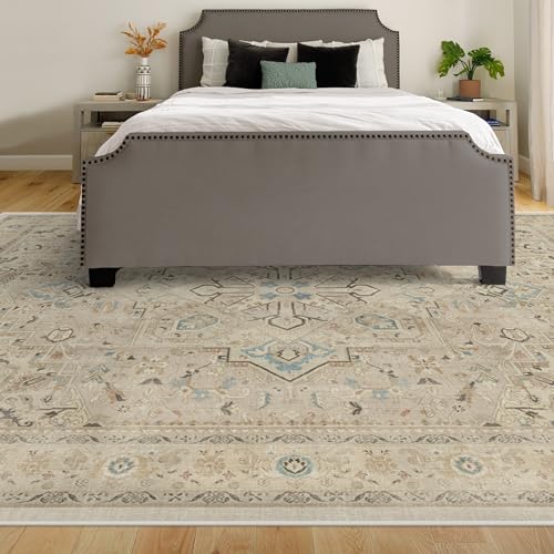 RUGGABLE Washable Vintage Area Rug – Kamran Ivory Opal 9x12, Stain-Resistant, Non-Slip with Cushioned Pad – Large Machine Washable Rugs for Living Room, Bedroom, Hallway, Entryway & Office