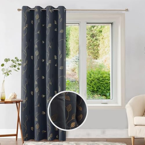 Image of Urban Space 80-85% True Blackout Curtains for Window, Gold Foil Printed Blackout Curtains, Blackout Decorative Window Curtain Eyelet with Tieback, 1 Piece Curtain for Living Room(Leaf Grey, 5 Feet)