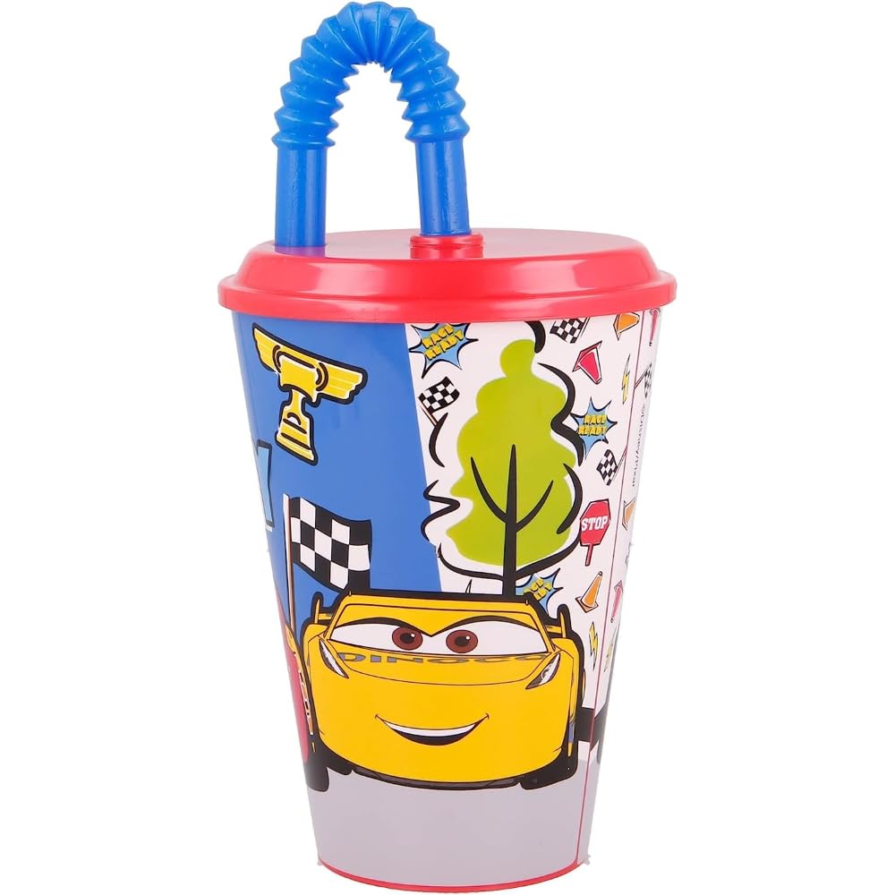 Gobelet avec paille pour enfants Cars Disney, verre en plastique réutilisable semi-rigide BPA Free capacité 430 ml