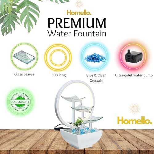 Image of Water Fountain for Home Decor 29cm Glass Indoor Waterfall with LED Light & Blue Stones - Electric Tabletop Showpiece for Living Room, Office Desk & Bedroom - Lucky Feng Shui Gift (Frost White)