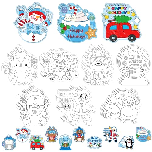 Winter Coloring Arts Crafts Kits - 30Pcs Hello Winter Color Your Own Fridge Magnets for Kids Let it Snow DIY Coloring Magnets for Christmas Holiday Party Refrigerator School Classroom Activities Decor