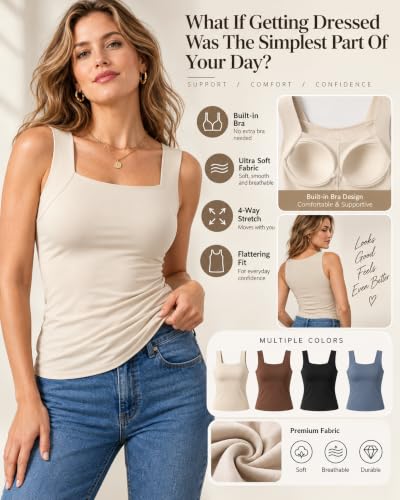 Tank Tops for Women，Tank Tops with Built in Bras Black | Built in Bra Tank Tops for Older Women, Seamless Wireless Support Shaper Sleeveless Tops, Soft Camisole with Built in Bras - image 5
