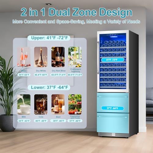Image of Tylza Wine and Beverage Refrigerator, 24'' Dual Zone Wine Fridge with Dual Drawers, Holds 160 Cans and 120 Bottles, Reversible Door, Built-In or Freestanding, Beverage Fridge for Home or Commercial