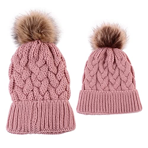 2 Pcs Parent-Child Hats Pom Pom Mother Baby Beanie Hats Knitted Mom and Baby Winter Warm Beanie Crochet Caps Hat Multicolored