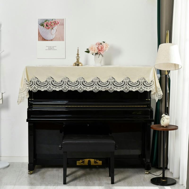 Klavier-Staubschutz, Klaviertastatur-Abdeckung, 200 x 70 cm, blau-goldener Samt, Spitze, Rüschen, Staubschutz for aufrechtes Klavier, mit Hocker-Abdeckung, halber aufrechter Klavierbezug, Stoff, Sonne