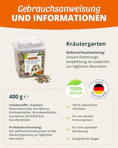 petifool Kräutergarten 400g - Ergänzungsfutter für Nager - natürliches Nagerfutter für Kaninchen, Meerschweinchen, Hamster, Chinchilla & mehr - ohne künstliche Zusätze - 100% Natur-artgerechtes Futter
