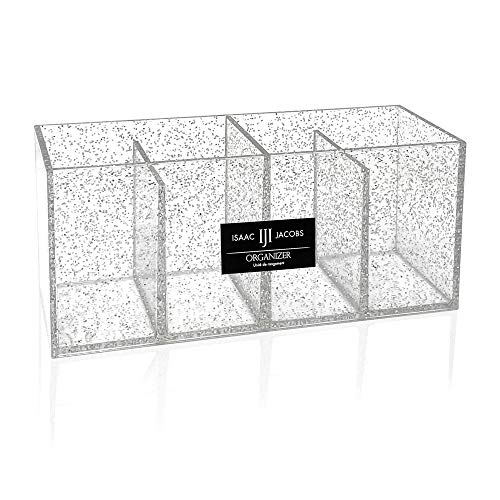 Image of Isaac Jacobs 4-Compartment Clear Acrylic Organizer- Makeup Brush Holder- Storage Solution- Office, Bathroom, Kitchen Supplies and More (4 Compartment, Silver Glitter)