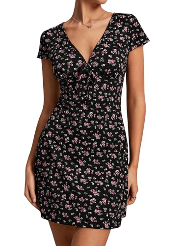 SweatyRocks Boho Kleid Damen Kurz Sommerkleid A Linien Kleid Mit Blumen Minikleid Mit V Ausschnitt Blümchenkleid Süßes Kleid Freizeitkleid Schwarz...