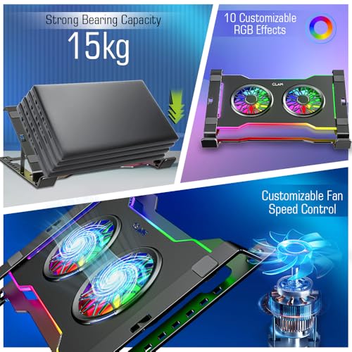 Image of CLAW Hyper Lift X2 Laptop Cooling Stand with Dual 3000RPM Fans, 7-Level Height Adjustment, 10 RGB Modes, Steel+ABS Build, DC 5V Power, 15kg Load Capacity, Compatible with 10-17 inch Laptops