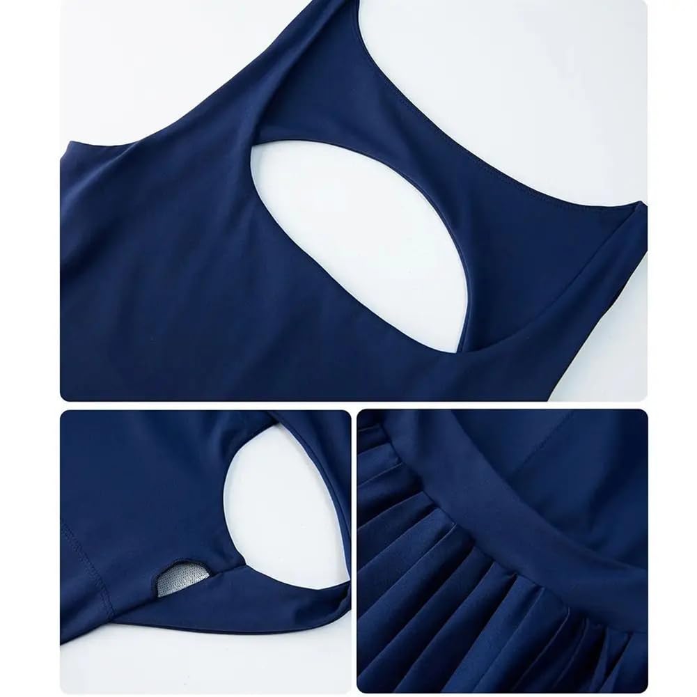 Sukienka Tenisowa Damska z Szortami i Biustonoszem, Sukienka Sportowa Bez Rękawów Dekolt Kwadratowy Odkryte Plecy, Plisowana Fitness Yoga z Kieszenią(XL, Dark Blue)