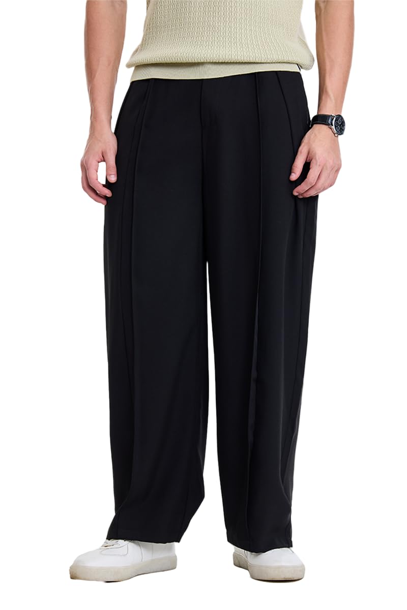 Men Casual Trousers | Baggy Fit Wide-Leg & Pleated Front Solid Design | Durable Woven Polyester & Comfortable Mid Rise Style Streetwear Fashion-image-39